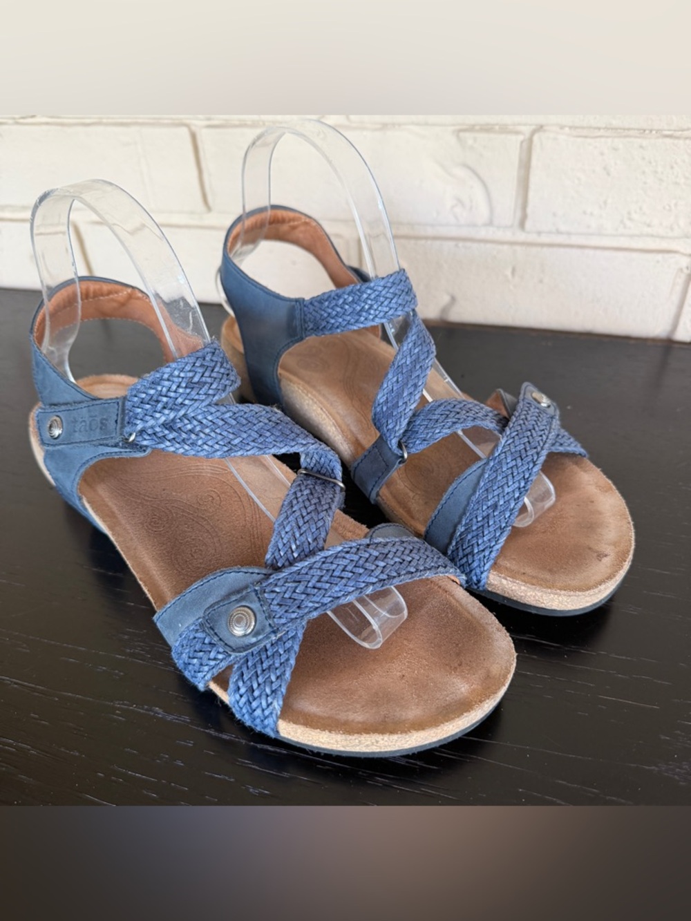 Taos Trulie Casual Leather Blue Sandals Sz 9-9.5 Strappy Slingback Wedge Comfort